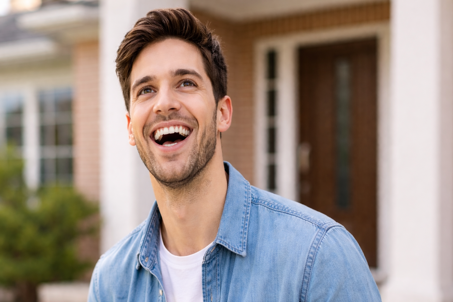 Happy homeowner outside his new home