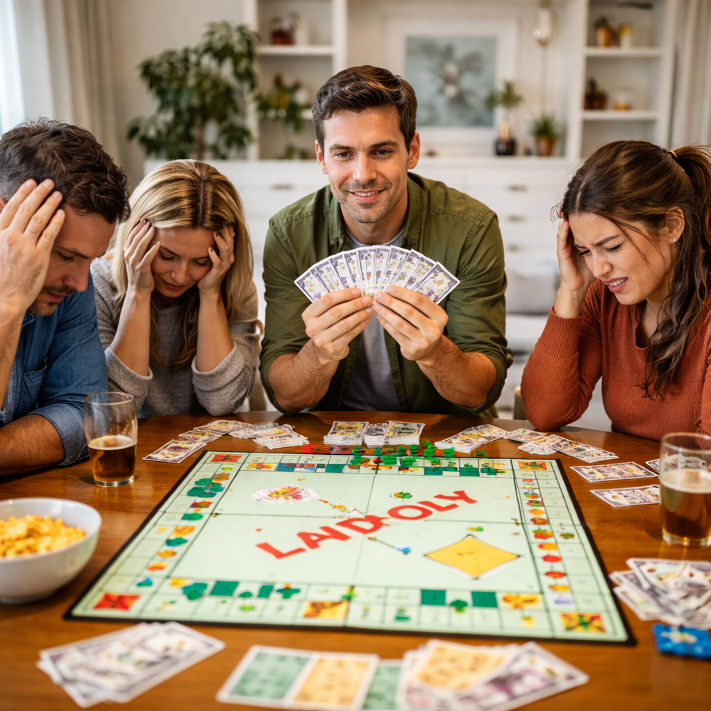 Friends playing a property board game