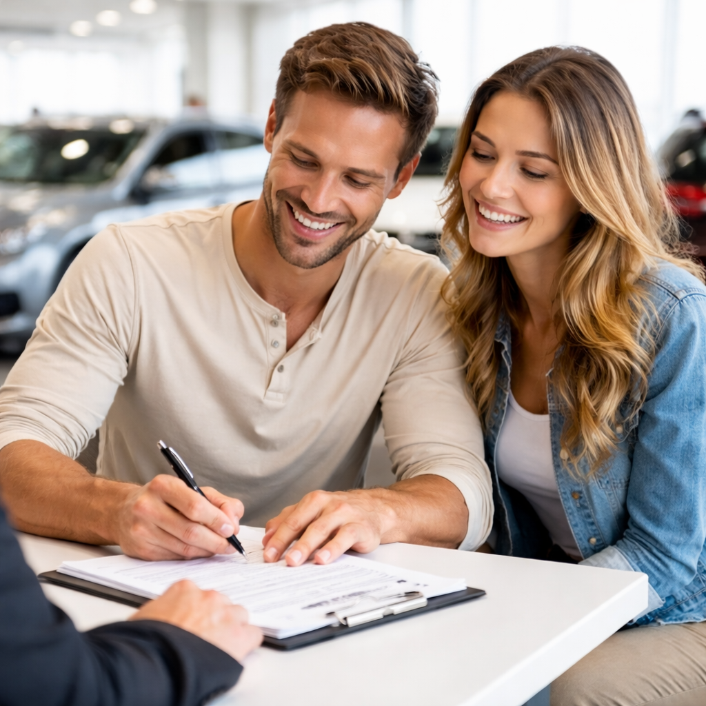 Couple signing car finance documents