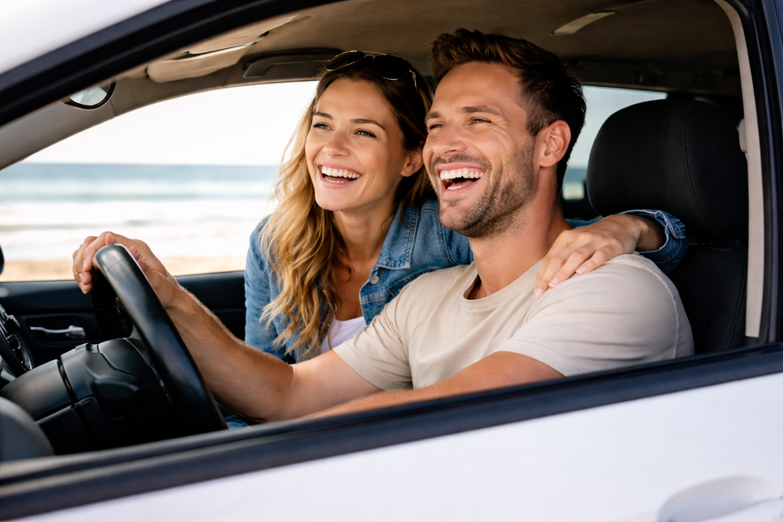 Happy couple in their new car