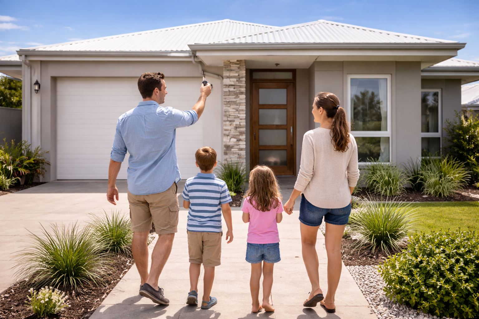Family arriving at their new home